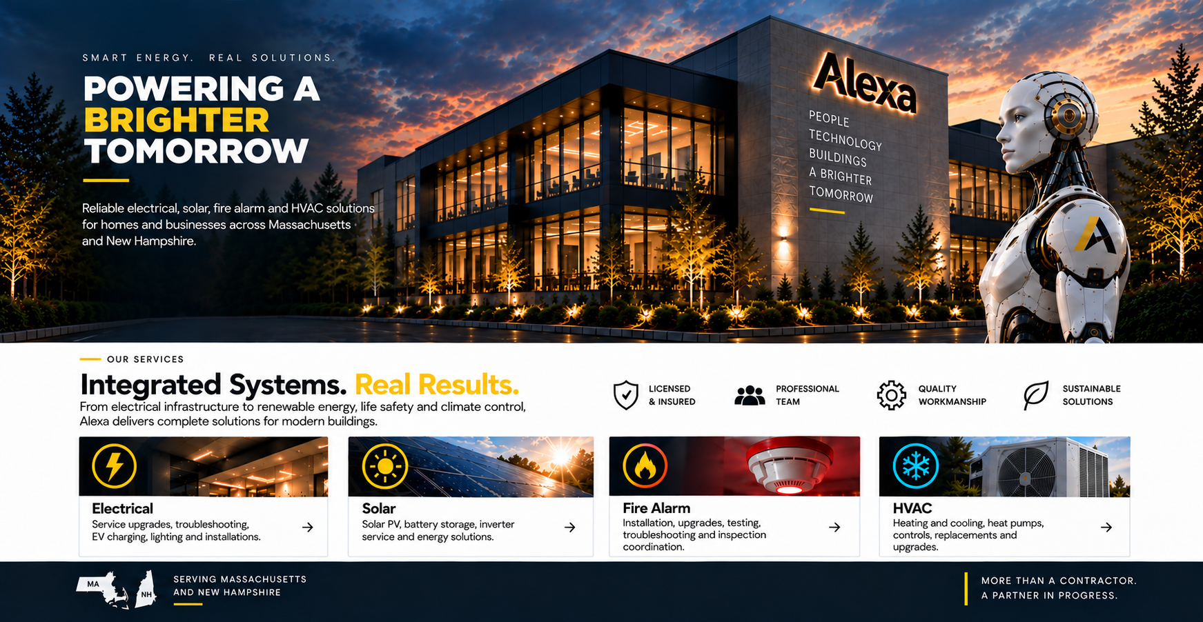 Alexa Energy Power Solutions homepage artwork with building and robot mascot