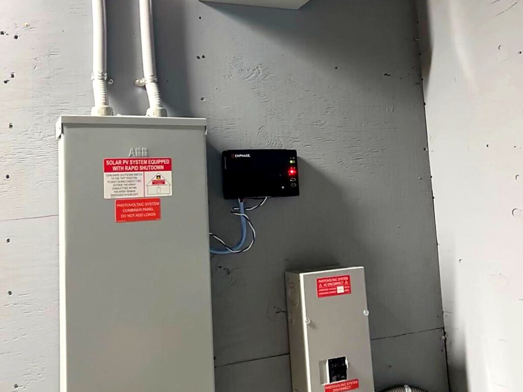 Enphase gateway, PV combiner panel and AC disconnect with rapid shutdown labels